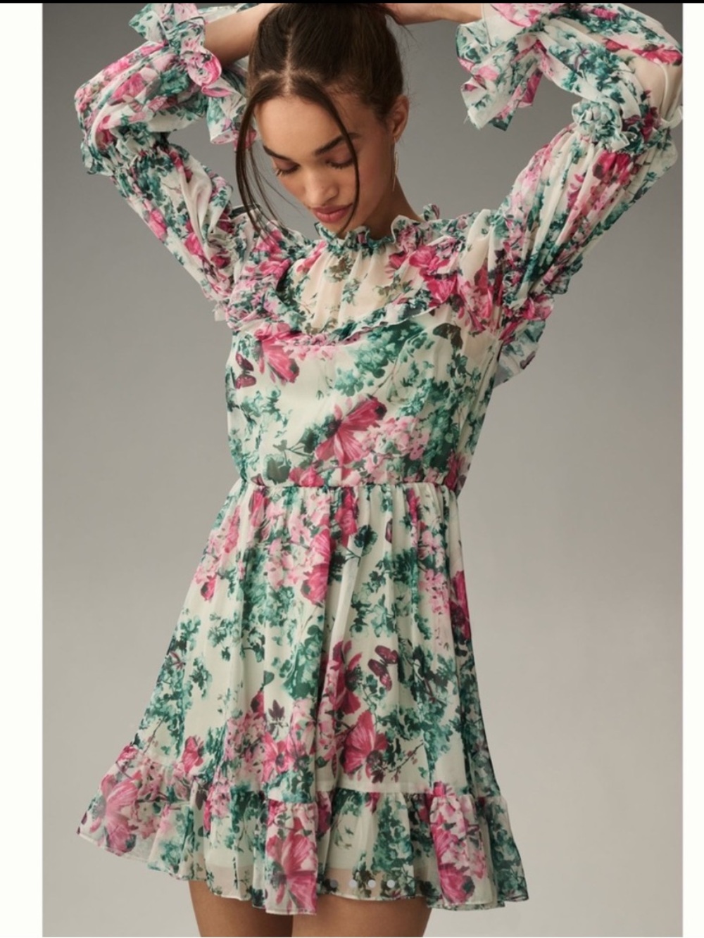 🦋Mac Duggal Mini Dress Long-Sleeve Ruffled Floral Chiffon Tiered New Size 8
